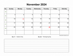 November 2024 Blank Calendar (horizontal, space for notes)
