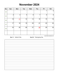 November 2024 Blank Calendar (vertical, space for notes)