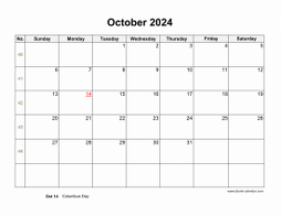 October 2024 Blank Calendar with US Holidays (horizontal)