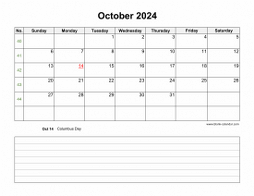 October 2024 Blank Calendar (horizontal, space for notes)
