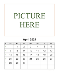 Printable April 2024 Calendar, pictures can be placed at the top