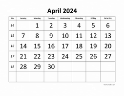 Printable April 2024 Calendar, large font design , holidays on red (horizontal)