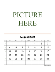 Printable August 2024 Calendar, pictures can be placed at the top