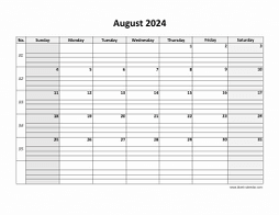 Printable August 2024 Calendar, large box grid, space for notes (horizontal)