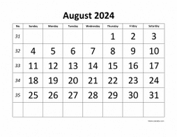 Printable August 2024 Calendar, large font design , holidays on red (horizontal)