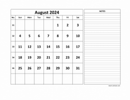 Printable August 2024 Calendar, large space for appointment and notes (horizontal)