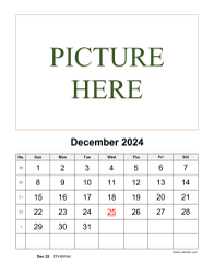 Printable December 2024 Calendar, pictures can be placed at the top (vertical)