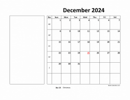 Printable December 2024 Calendar, large box, Federal Holidays listed, space for notes (horizontal)