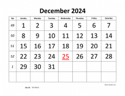 Printable December 2024 Calendar, large font design , holidays on red (horizontal)