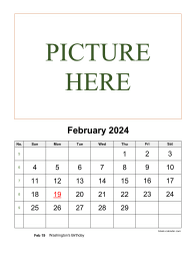 Printable February 2024 Calendar, pictures can be placed at the top