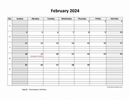 Printable February 2024 Calendar, large box grid, space for notes (horizontal)