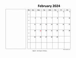 Printable February 2024 Calendar, large box, Federal Holidays listed, space for notes (horizontal)