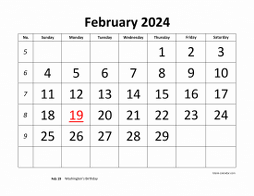 Printable February 2024 Calendar, large font design , holidays on red (horizontal)