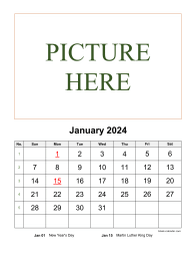 Printable January 2024 Calendar, pictures can be placed at the top