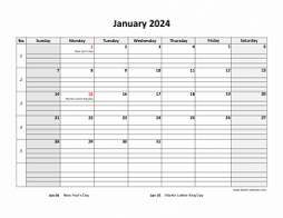 Printable January 2024 Calendar, large box grid, space for notes (horizontal)