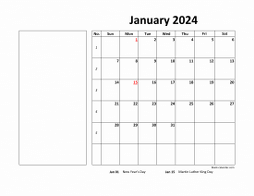 Printable January 2024 Calendar, large box, Federal Holidays listed, space for notes (horizontal)