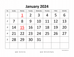 Printable January 2024 Calendar, large font design , holidays on red (horizontal)