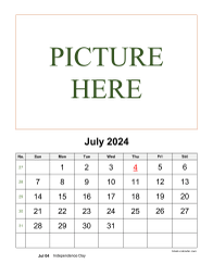Printable July 2024 Calendar, pictures can be placed at the top