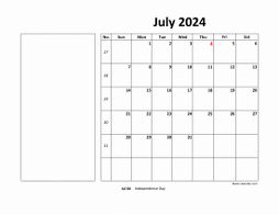 Printable July 2024 Calendar, large box, Federal Holidays listed, space for notes (horizontal)