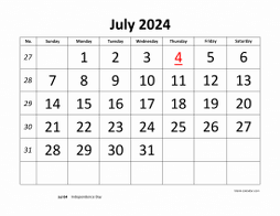 Printable July 2024 Calendar, large font design , holidays on red (horizontal)