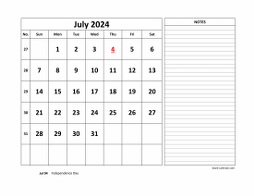 Printable July 2024 Calendar, large space for appointment and notes (horizontal)