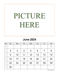 Printable June 2024 Calendar, pictures can be placed at the top