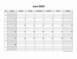Printable June 2024 Calendar, large box grid, space for notes (horizontal)
