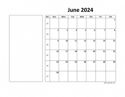 Printable June 2024 Calendar, large box, Federal Holidays listed, space for notes (horizontal)