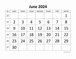 Printable June 2024 Calendar, large font design , holidays on red (horizontal)