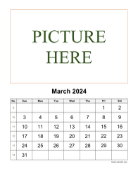 Printable March 2024 Calendar, pictures can be placed at the top (vertical)