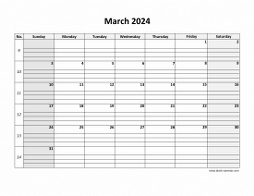 Printable March 2024 Calendar, large box grid, space for notes (horizontal)