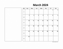 Printable March 2024 Calendar, large box, Federal Holidays listed, space for notes (horizontal)