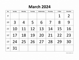 Printable March 2024 Calendar, large font design , holidays on red (horizontal)