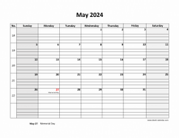 Printable May 2024 Calendar, large box grid, space for notes (horizontal)