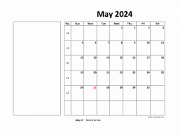 Printable May 2024 Calendar, large box, Federal Holidays listed, space for notes (horizontal)