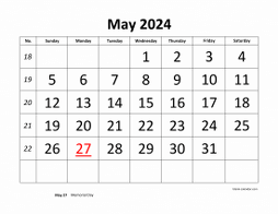 Printable May 2024 Calendar, large font design , holidays on red (horizontal)