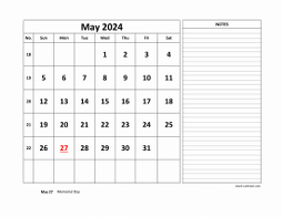 Printable May 2024 Calendar, large space for appointment and notes (horizontal)