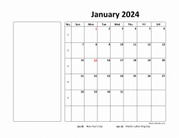 Printable Calendar 2024, large box, Federal Holidays listed, space for notes (12 pages, horizontal)