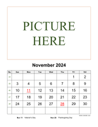 Printable November 2024 Calendar, pictures can be placed at the top