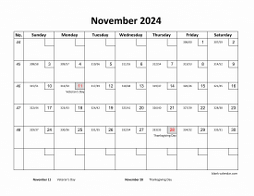 Printable November 2024 Calendar with check boxes (horizontal)