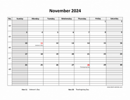Printable November 2024 Calendar, large box grid, space for notes (horizontal)