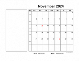 Printable November 2024 Calendar, large box, Federal Holidays listed, space for notes (horizontal)