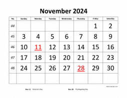 Printable November 2024 Calendar, large font design , holidays on red (horizontal)