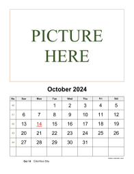 Printable October 2024 Calendar, pictures can be placed at the top
