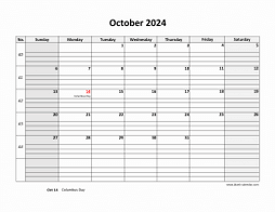 Printable October 2024 Calendar, large box grid, space for notes (horizontal)