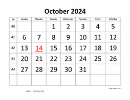 Printable October 2024 Calendar, large font design , holidays on red (horizontal)
