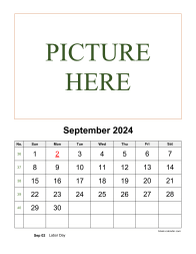 Printable September 2024 Calendar, pictures can be placed at the top