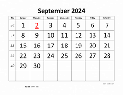 Printable September 2024 Calendar, large font design , holidays on red (horizontal)