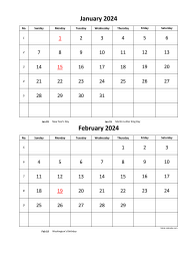 Printable Calendar 2024, 2 months per page, 6 pages (vertical)