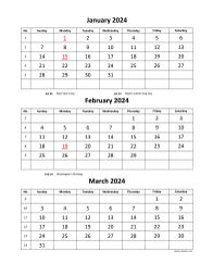 Printable Calendar 2024, 3 months per page, 4 pages (vertical)